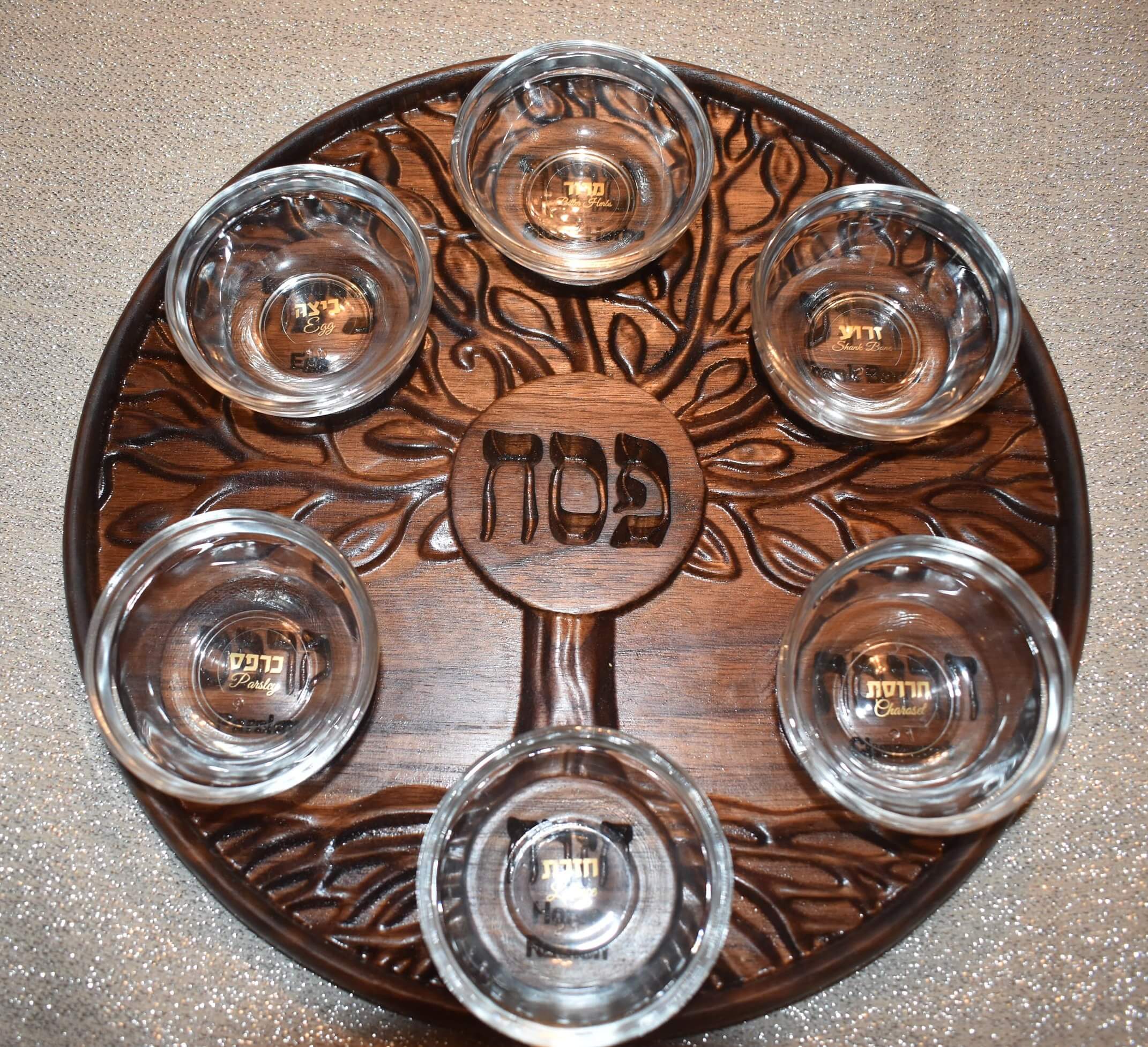 Seder plate for Passover Walnut wood Tree of Life smooth edge gilding custom made – Fast Shipping – Jewish Home – Passover Gift Idea