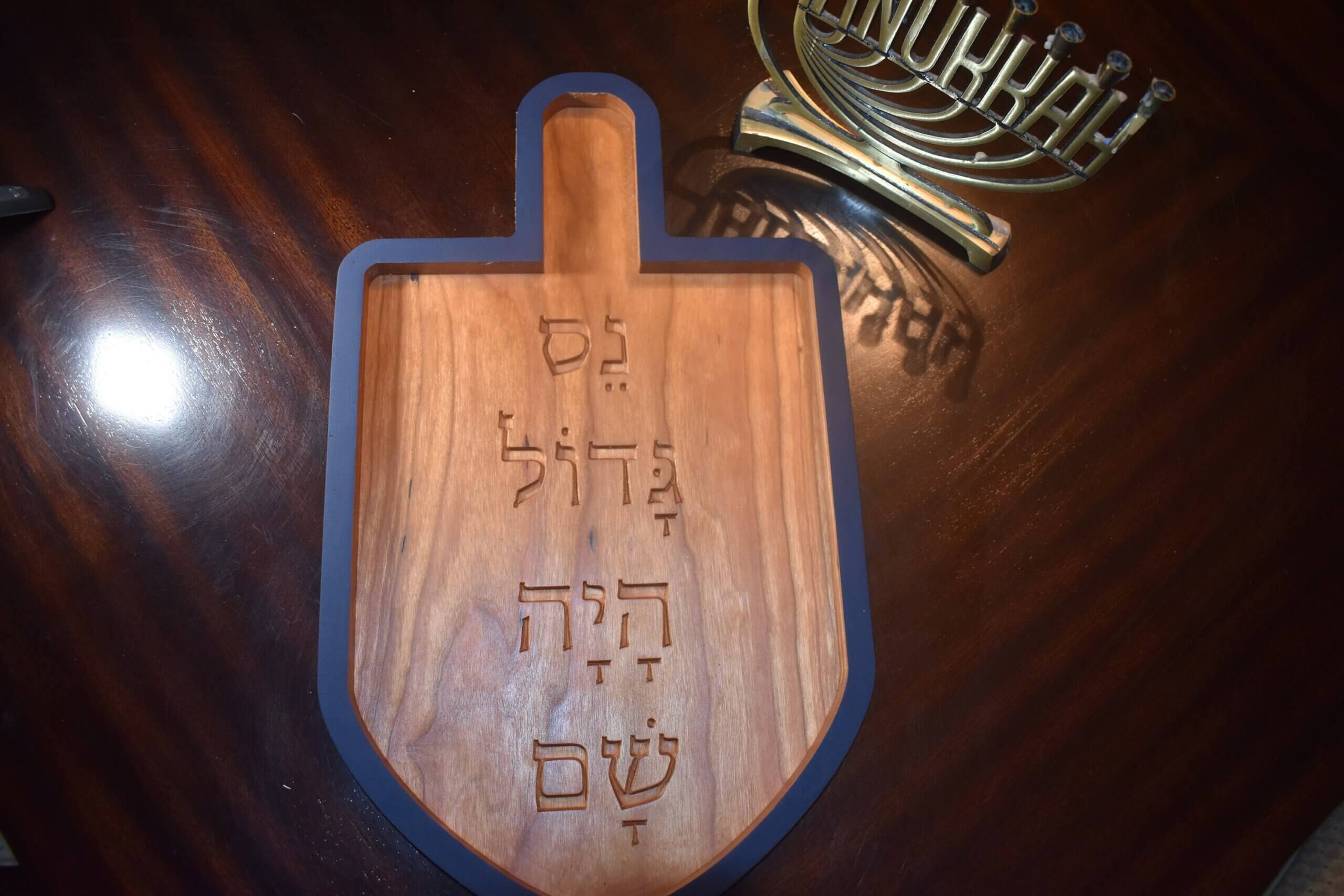 Large Painted Carved Hanukkah Dreidel Tray solid cherry wood